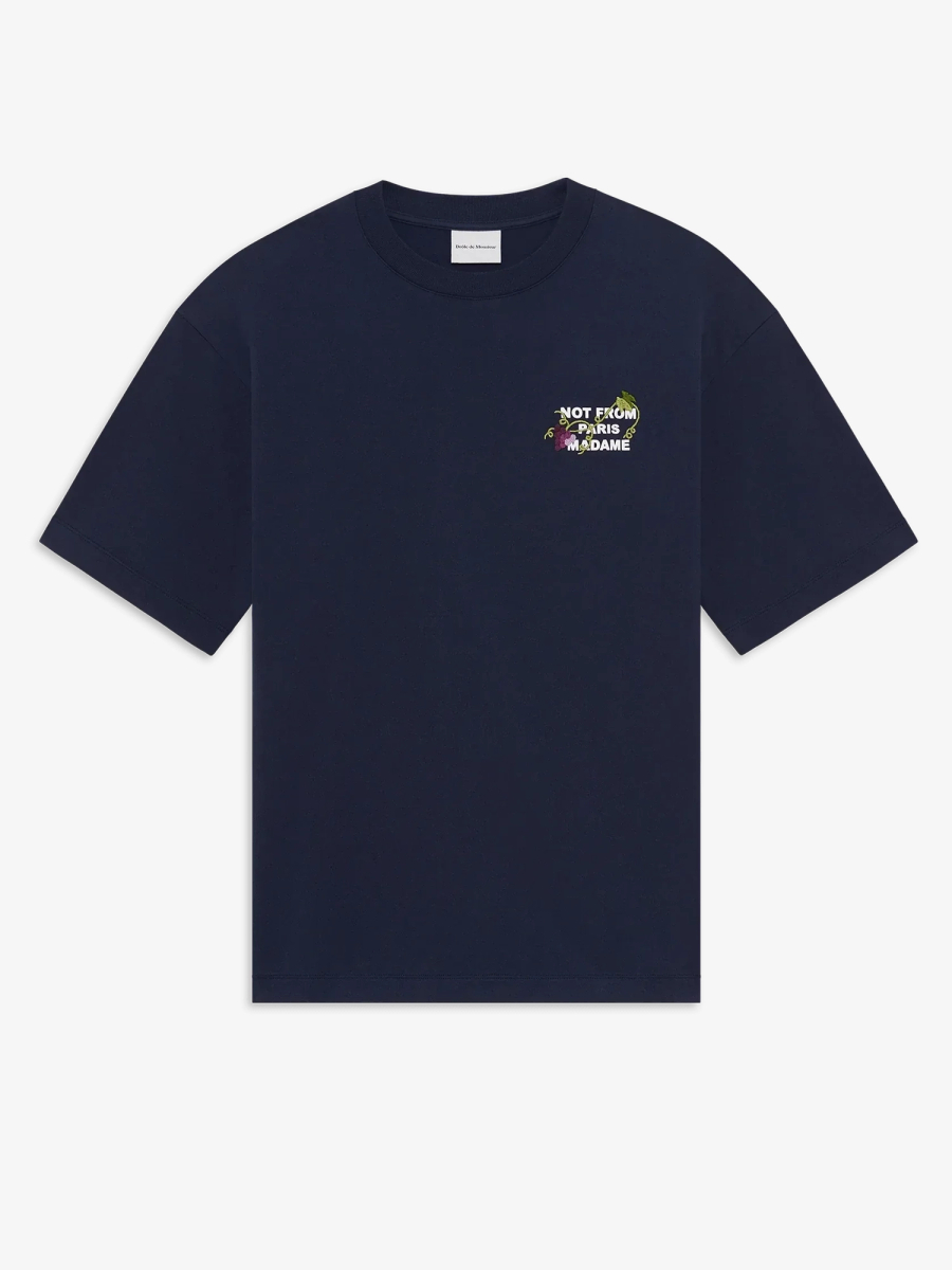 DRÔLE DE MONSIEUR — Футболка Vine Embroidered Slogan Tee Navy